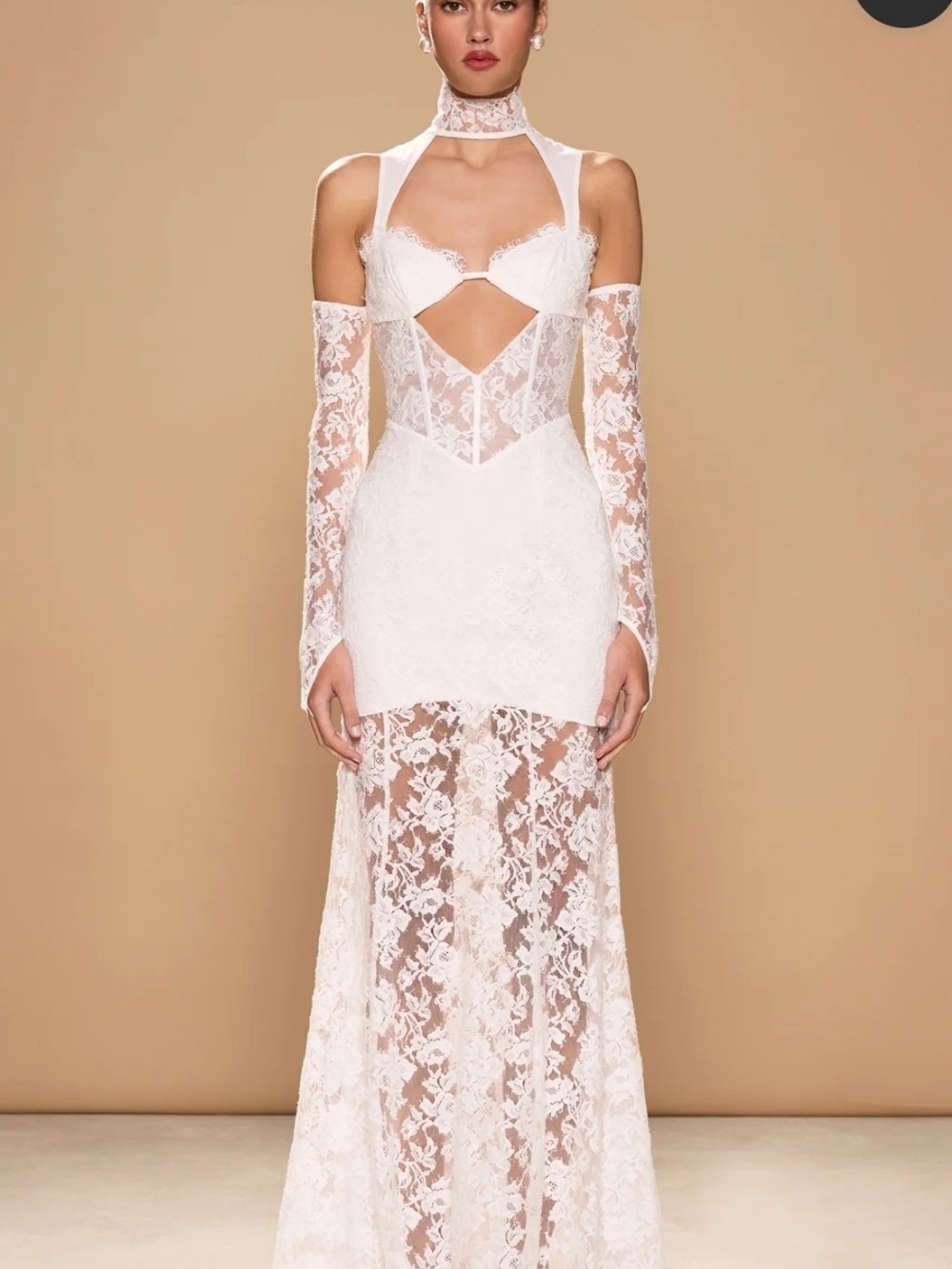 White Lace Maxi Dress with Sheer Panels and Choker Detail. Gloves Included